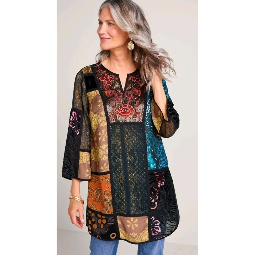 Soft Surroundings Adassa Tunic Dress Sequin Embroidered Burnout Artsy Boho 1X‎
